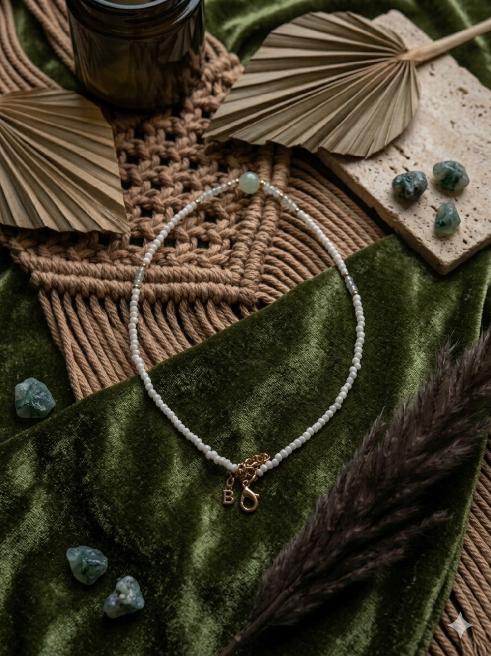 Dainty Boho White & Sage Green Beaded Necklace with Gold Clasp